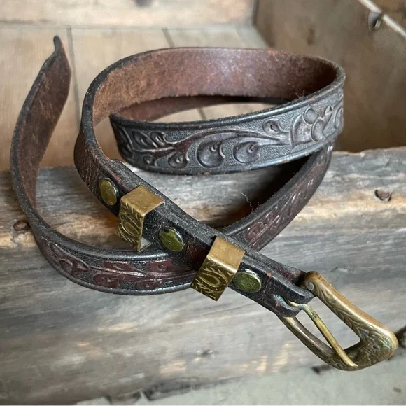 For Crafting - Hand Tooled Saddle Belt Leather Gold Tone Buckle Vintage - Picture 4 of 8